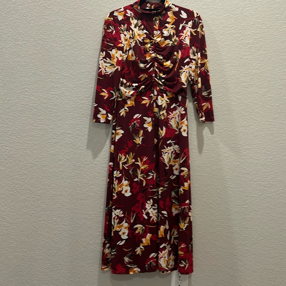 Maggie, London, maroon and floral print maxi dress. Size 6.